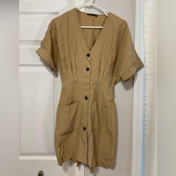 Zara Belted Khaki Mini Dress Size Medium - Picture 4 of 10